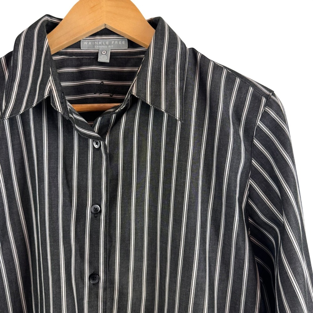 Foxcroft Button Down Shirt Womens 14 Black Striped Wrinkle Free Shaped Fit